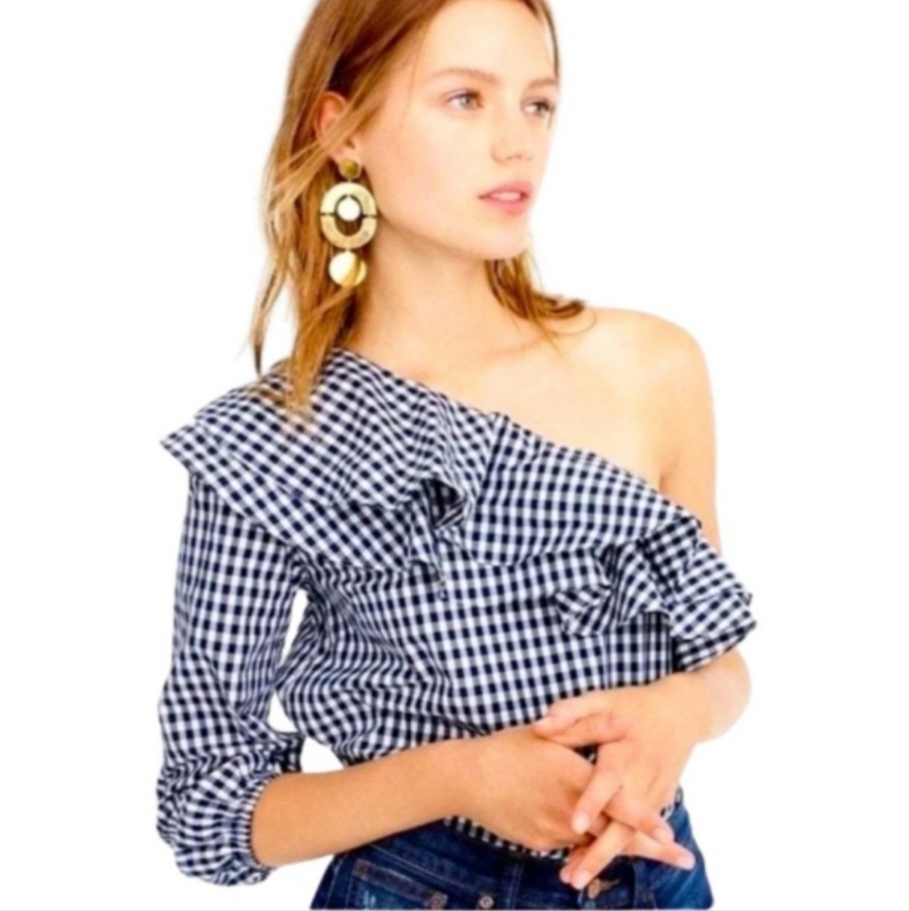 J. Crew Assymetrical Checkered Ruffle Top Size 2